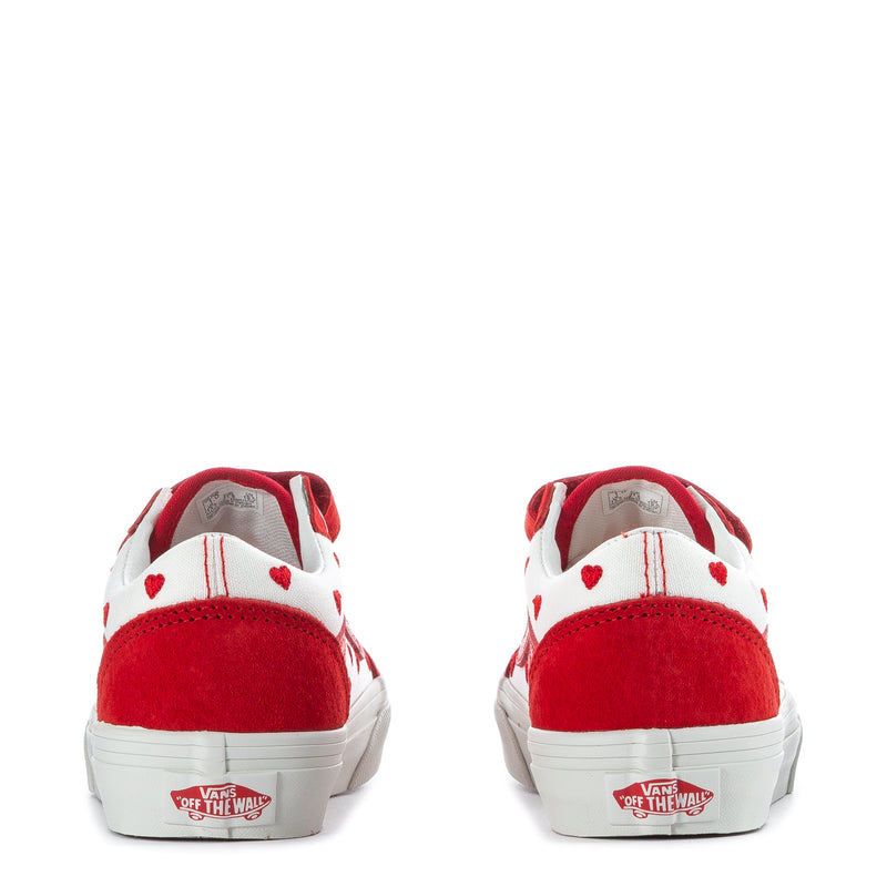 Kids red and white sneakers back view with Vans logo and heart details