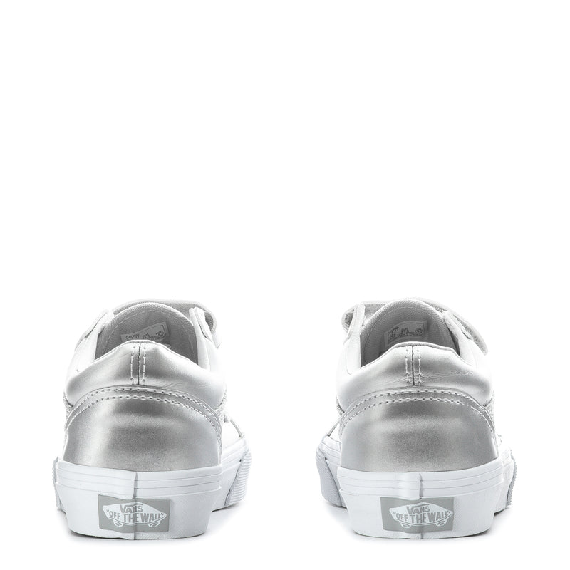 Kids silver sneakers back view with white heel tabs and 'VANS' outsole logo