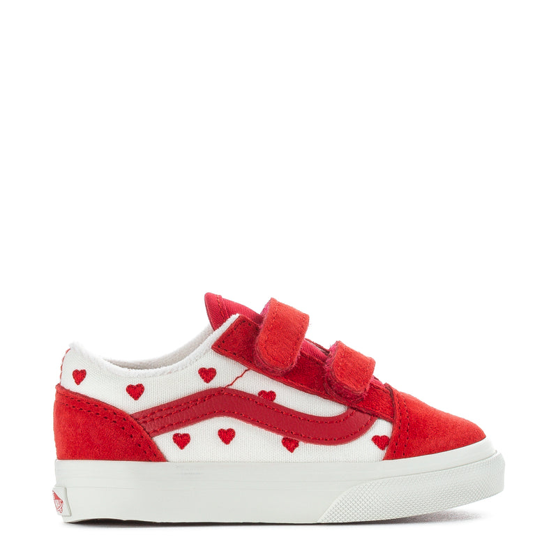 Toddler red and white sneakers with heart details and two hook-and-loop straps
