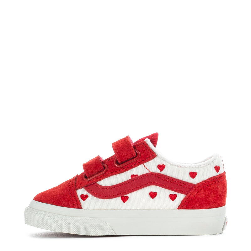 Toddler red and white sneakers, side view with heart appliques and adjustable straps