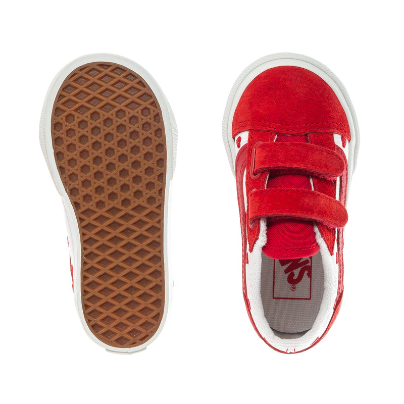 Toddler red suede sneakers, shown soles and inside lining with white trim
