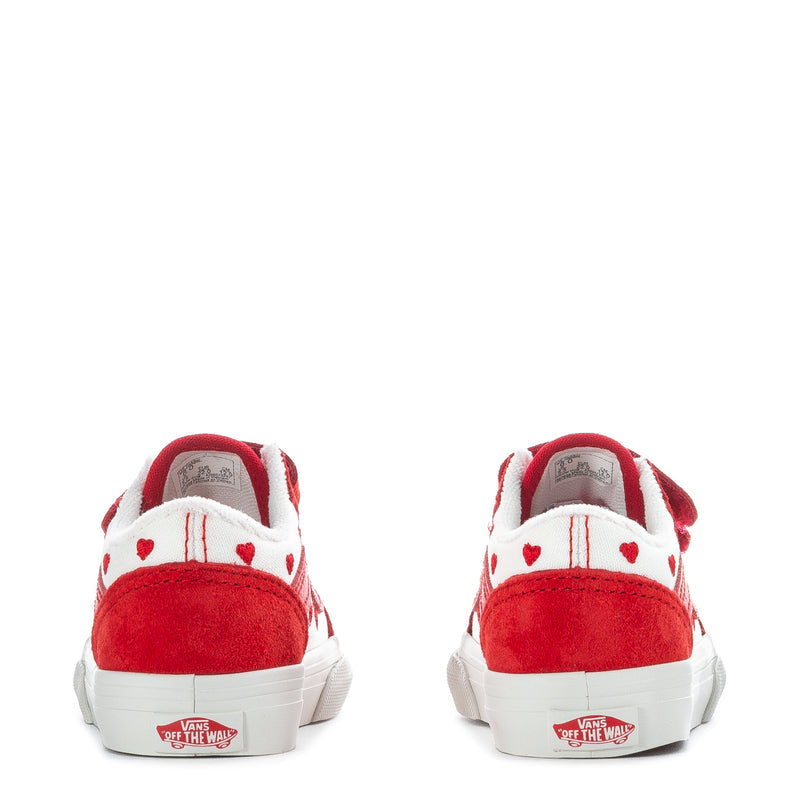 Toddler red and white sneakers, heel view with Vans logo patch