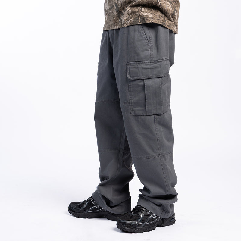 Men's open-hem cargo pants in castlerock gray with large cargo flap pockets and cuff