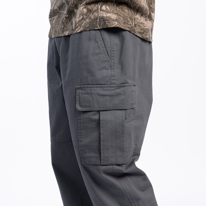 Men's open-hem cargo pants, castlerock gray, back cargo pocket detail and seam lines
