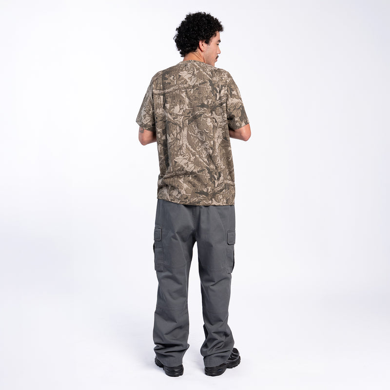Men's open-hem cargo pants in castlerock gray, rear view with cargo pockets