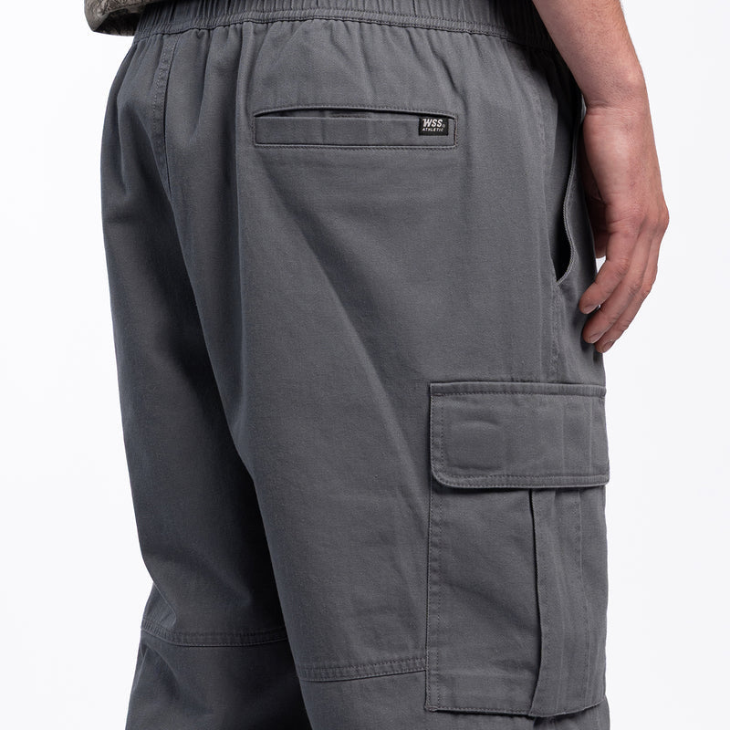 Men's open-hem cargo pants, castlerock gray, woven label near waistband and cargo pocket