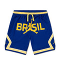 Youth mesh diamond shorts, royal blue with yellow elastic waistband and Brazil graphic