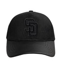 Black low snapback baseball cap with raised SD logo patch