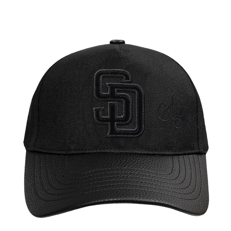 Black low snapback baseball cap with raised SD logo patch