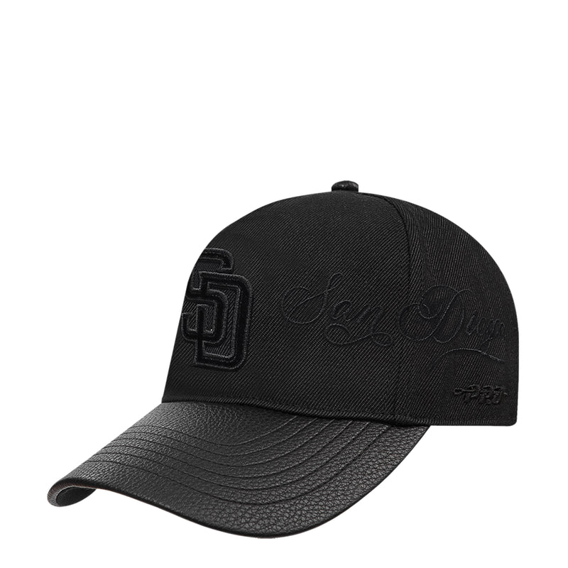 Black low profile snapback cap with SD logo and script embroidery