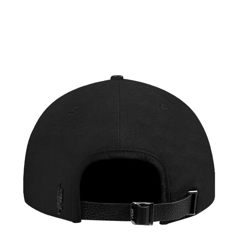 Black baseball cap back with adjustable leather strap and metal buckle