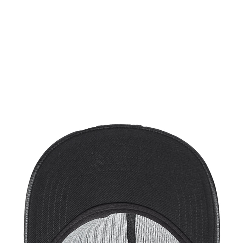 Black low snapback cap brim interior showing stitched seam and curved lining