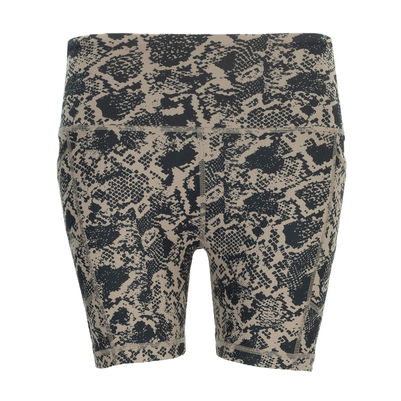Women’s snake-print bike shorts, black and taupe, mid-thigh length