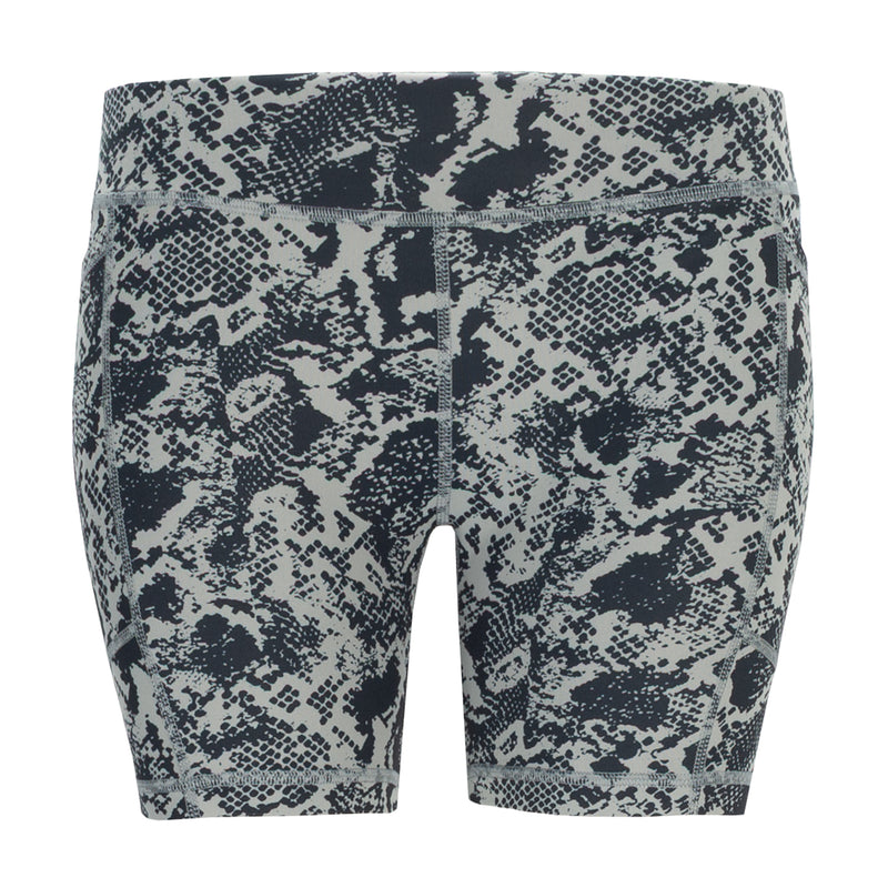 Women's pocket bike shorts in wild dove snake print, mid-thigh length.