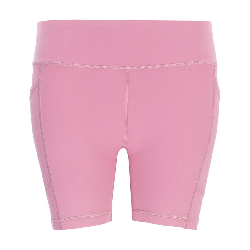 Women’s rose pink bike shorts with wide waistband and stitched front seams