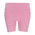 Women’s rose pink bike shorts with wide waistband and stitched front seams