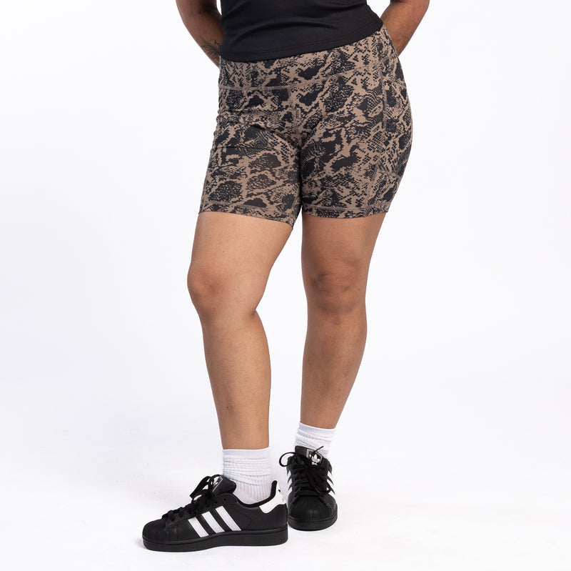 Women’s snake-print bike shorts with mid-thigh cut and stretchy waistband