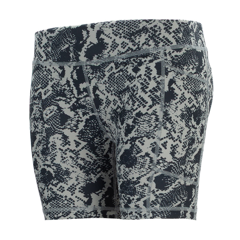 Women's pocket bike shorts with wide waistband, wild dove snake print.