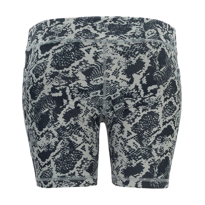 Women's pocket bike shorts, back view, wild dove snake print pattern.