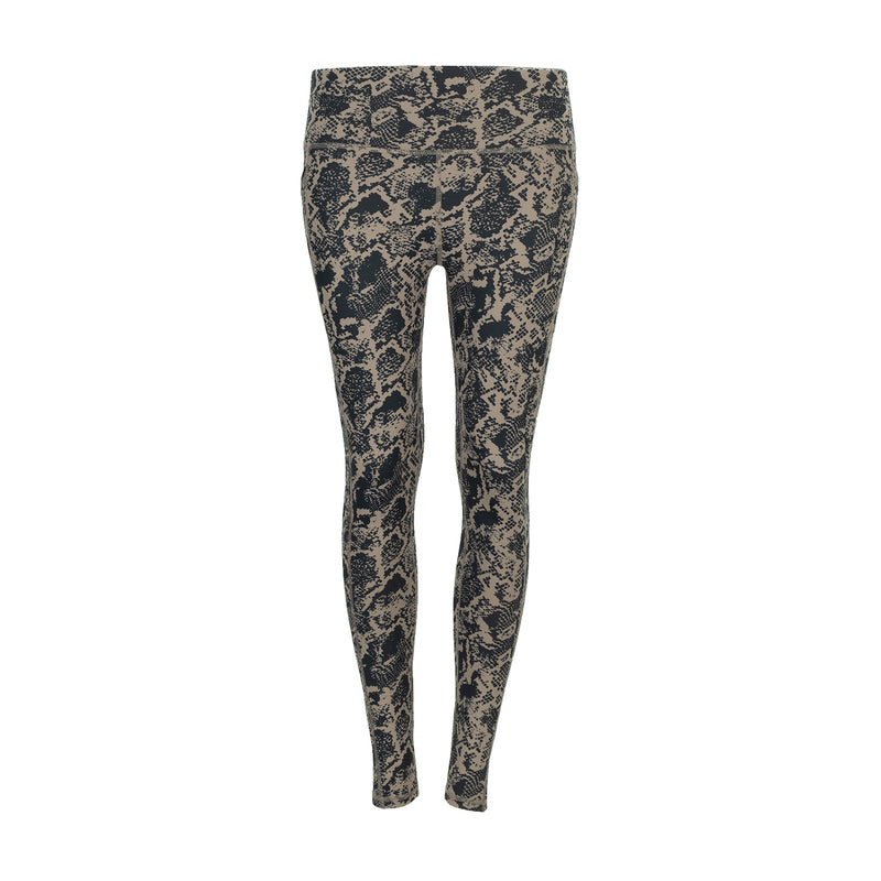 Women's snakeskin-print pocket legging in black and taupe, full front view.