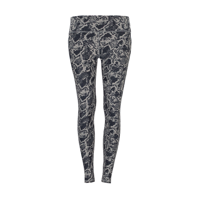 High-waist snake print leggings in dark gray and black, full-length