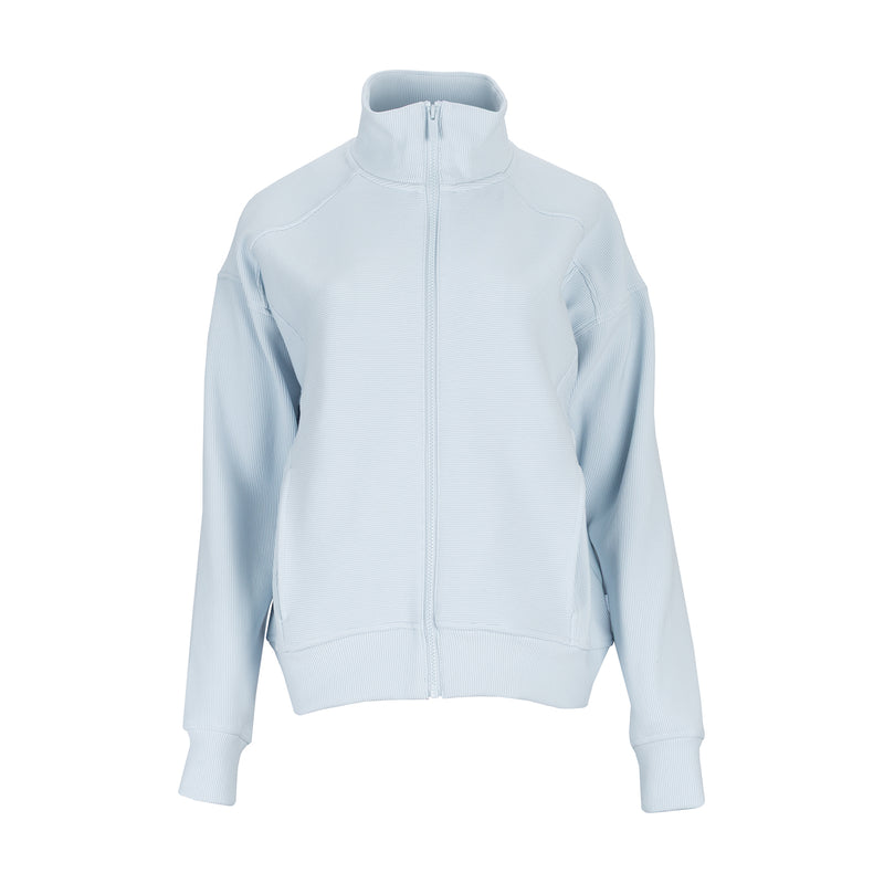 Light blue womens ribbed full-zip jacket with stand collar, long sleeves
