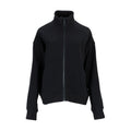 Women's black ribbed zip-up jacket with mock neck, long sleeves, front zipper