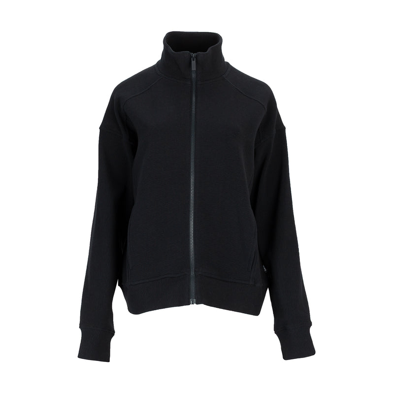 Women's black ribbed zip-up jacket with mock neck, long sleeves, front zipper