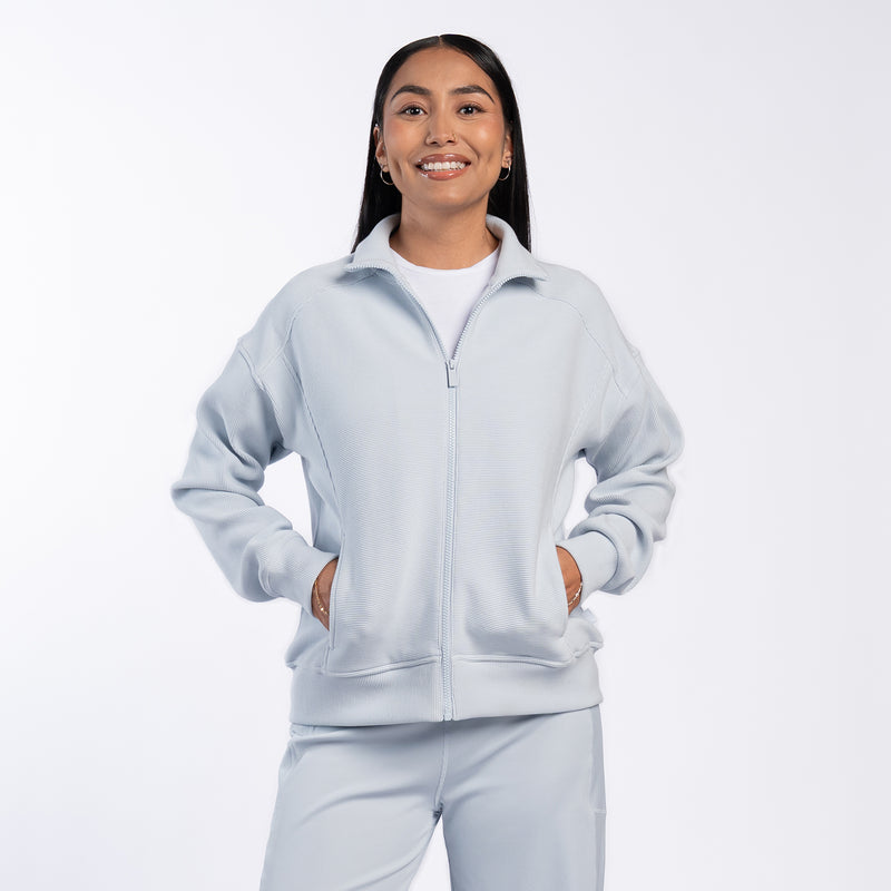 Light blue womens ribbed full-zip hoodie jacket with front pockets, long sleeves