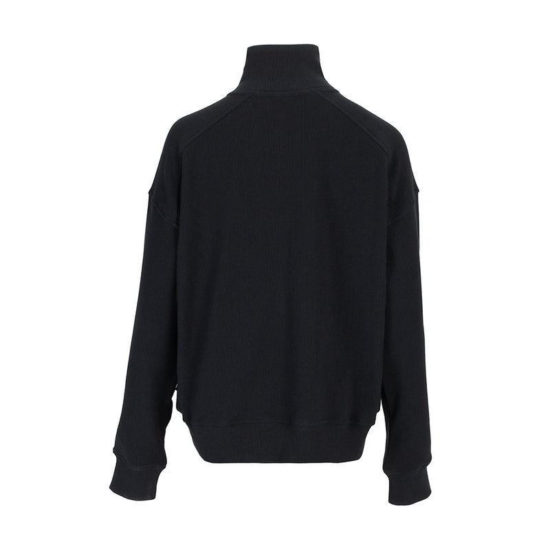 Women's black ribbed zip-up jacket, back view, mock neck, long sleeves