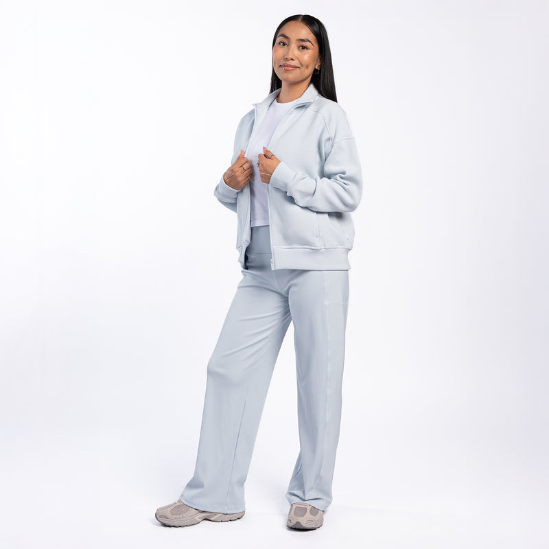 Light blue womens ribbed full-zip hoodie jacket worn with matching pants