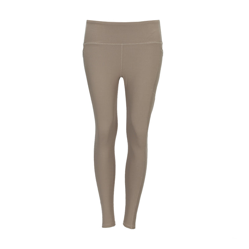 Women’s taupe grey ribbed leggings with high-rise waistband and full-length fit