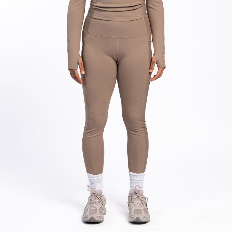 Women’s taupe grey high-rise ribbed leggings, ankle-length, smooth seam lines