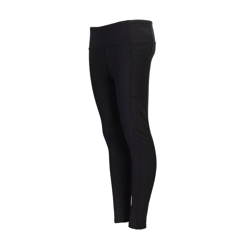Women's black power ribbed leggings with side seam detail, ankle-length.