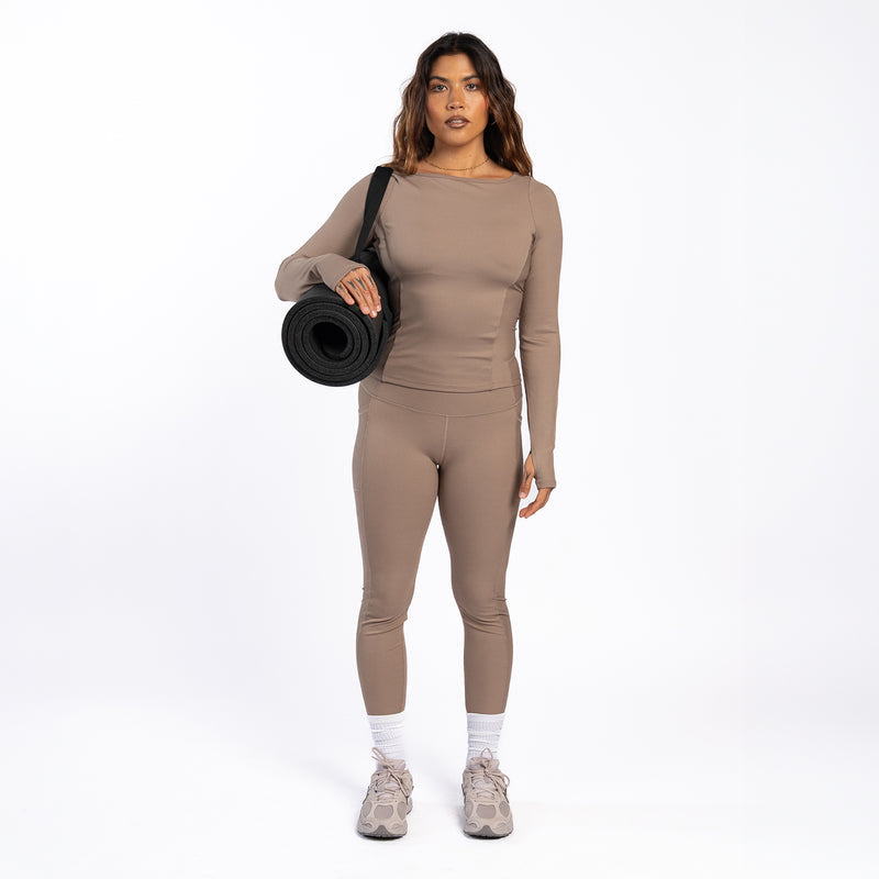 Women’s taupe grey ribbed leggings set with matching high-rise waistband