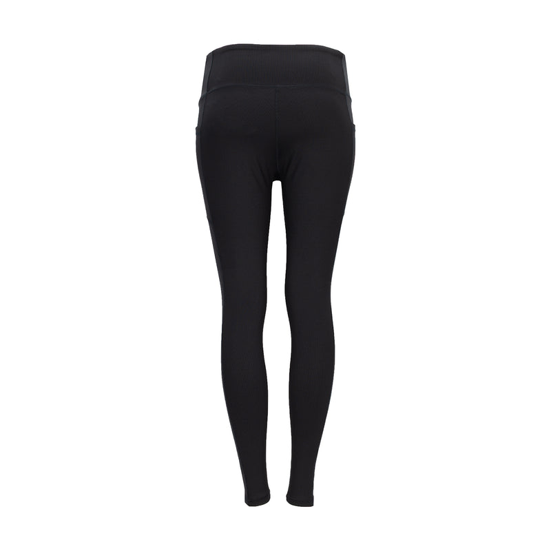 Women's black power ribbed leggings, high-rise waistband, smooth back view.