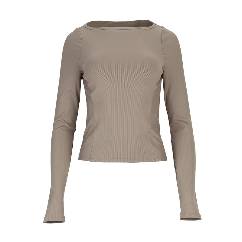 Taupe ribbed long-sleeve women's top, crew neck