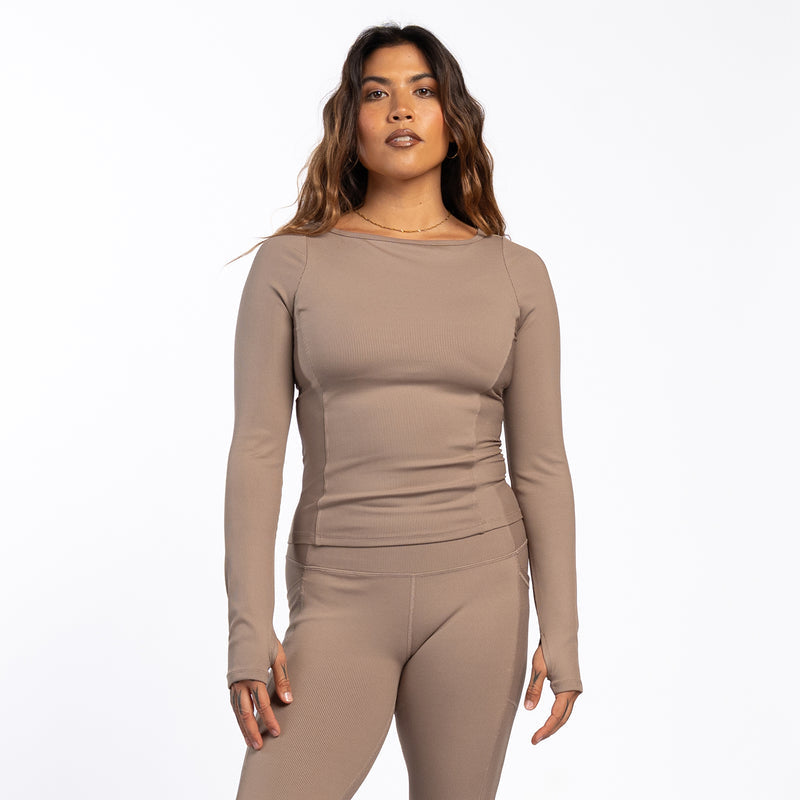 Taupe ribbed long-sleeve women's top with ruched waist seam