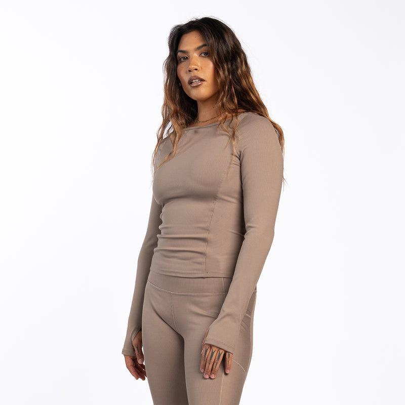 Taupe ribbed long-sleeve women's top with gathered waist detail