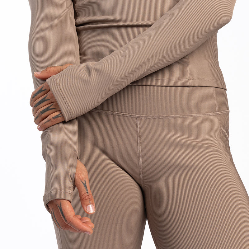 Taupe ribbed long-sleeve top and leggings, stitched waist seam