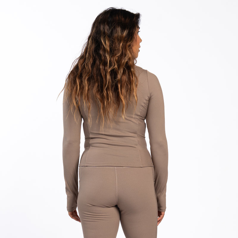 Taupe ribbed long-sleeve women's top, back view with matching leggings
