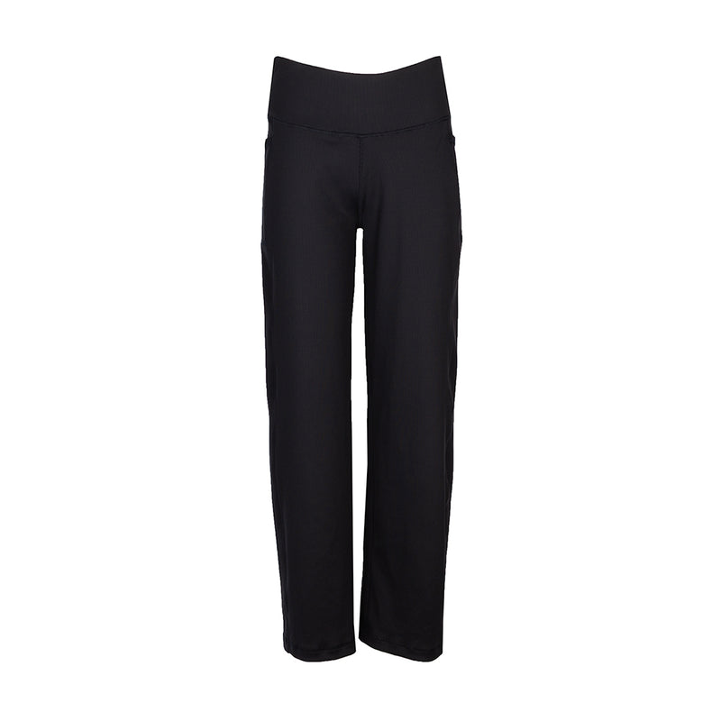 Black wide-leg pants with high-rise waistband, front view.