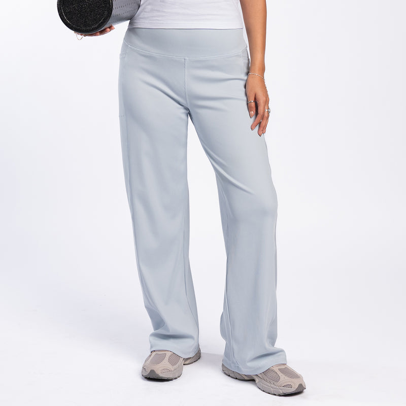 Light blue wide-leg pants with front seam details and relaxed fit