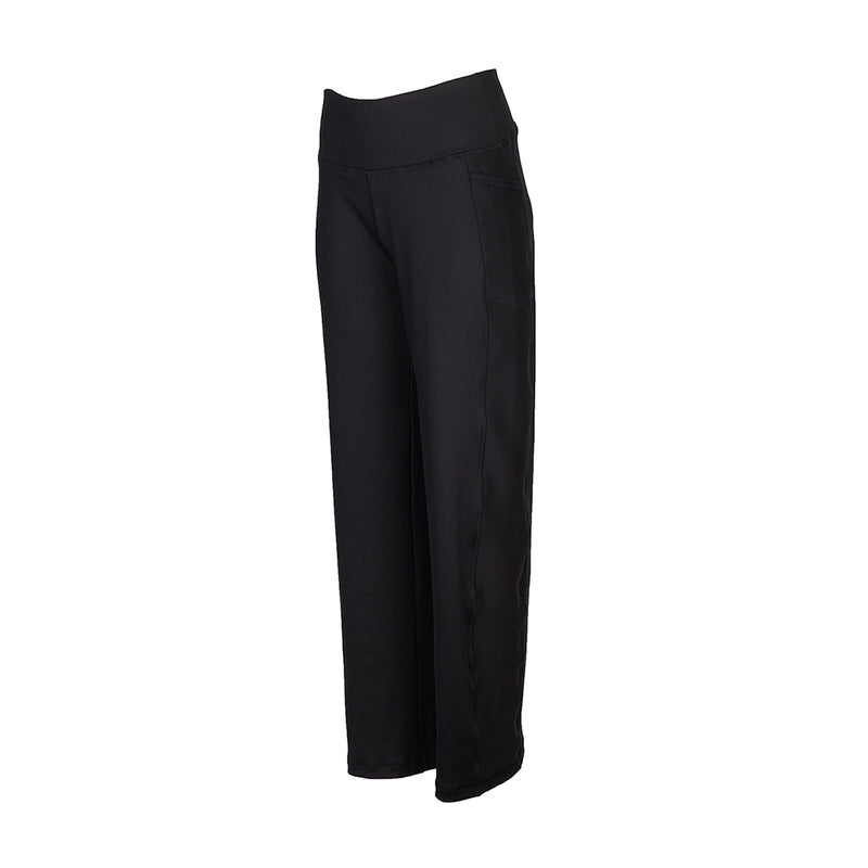 Black wide-leg pants, side view with high waist and relaxed fit.