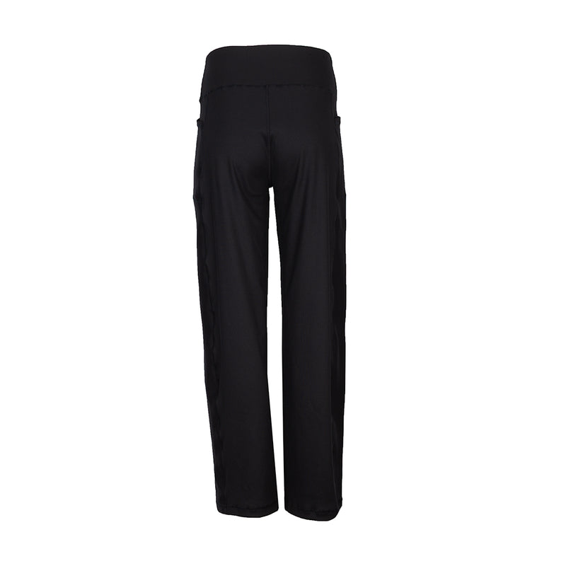 Black wide-leg pants, back view with high-rise elastic waistband.