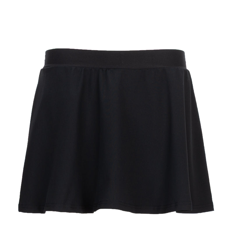 Black women's power skirt with wide elastic waistband and flared A-line hem