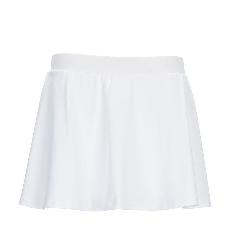 White women's power skirt with elastic waistband and gathered A-line silhouette