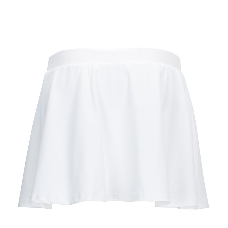 White mini skirt close-up with elastic waistband and gathered A-line drape