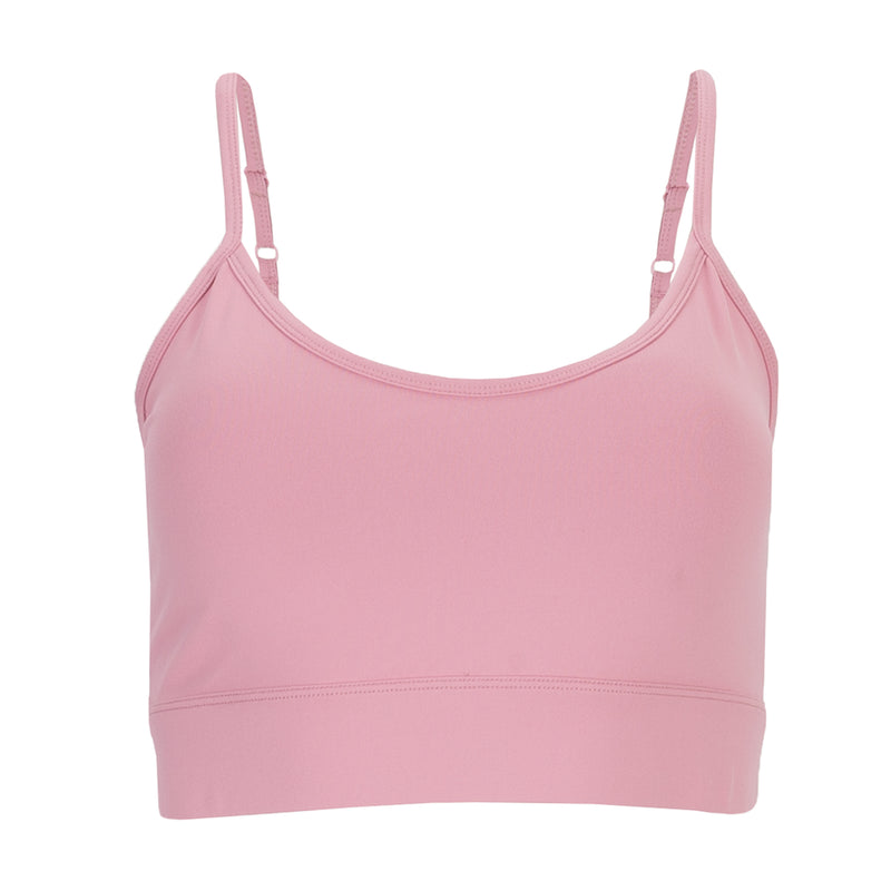 Rose pink sports bra with scoop neckline, wide underband, and adjustable straps