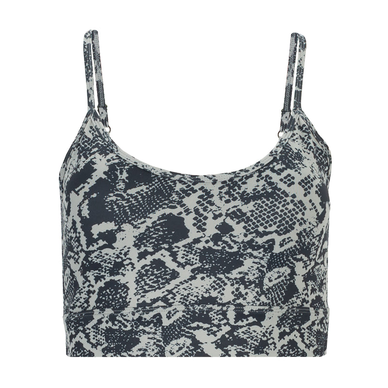 Snake-print womens sports bra with scoop neckline and wide adjustable straps